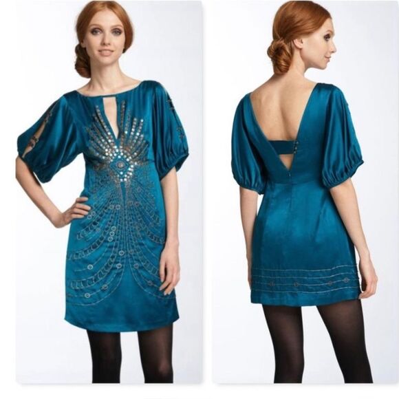 Nanette Lepore Dresses & Skirts - Nanette Lepore Darjeeling Teal Bronze Beaded Embellished Boho Silk Dress Size 12